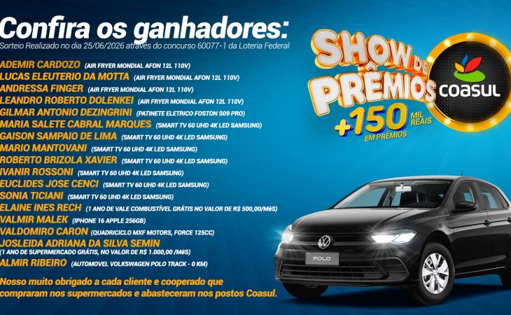  Show de Pr&ecirc;mios Coasul revela os ganhadores da campanha.
