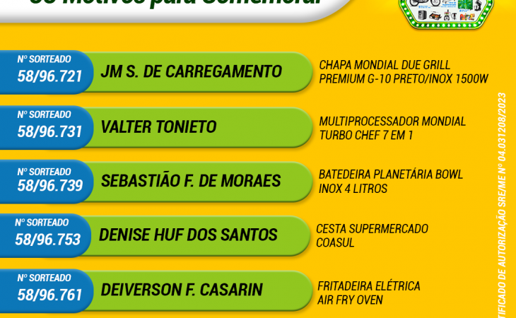  Confira os ganhadores do 3º Sorteio da campanha 55 anos ,55 motivos para comemorar