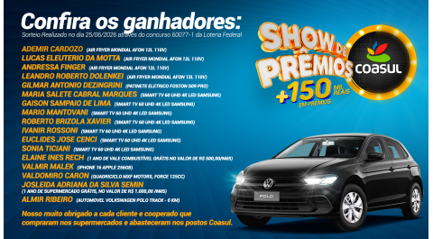 Show de Pr&ecirc;mios Coasul revela os ganhadores da campanha.
