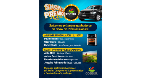 Coasul divulga os primeiros ganhadores do Show de Pr&ecirc;mios!